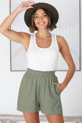 Reggie Shorts - Paperbag Elasticated High Waist Shorts with Pockets in Khaki