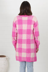 Adelen Cardigan - Folded Center Front Checkered Cardigan in Pink