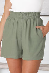 Reggie Shorts - Paperbag Elasticated High Waist Shorts with Pockets in Khaki