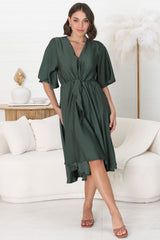 Satina Midi Dress - A Line Dress with Bell Sleeves in Emerald