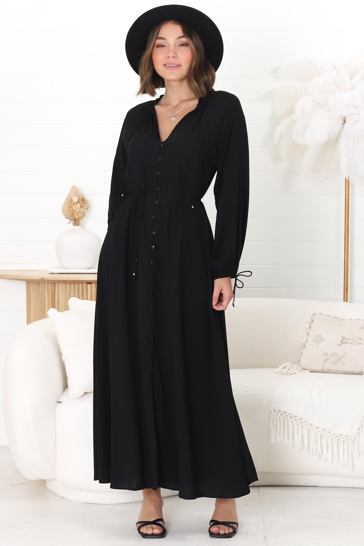 Amelie Maxi Dress - Frill Collar Button Through Dress with Waist Tie in Black