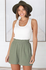 Reggie Shorts - Paperbag Elasticated High Waist Shorts with Pockets in Khaki