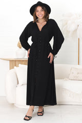 Amelie Maxi Dress - Frill Collar Button Through Dress with Waist Tie in Black