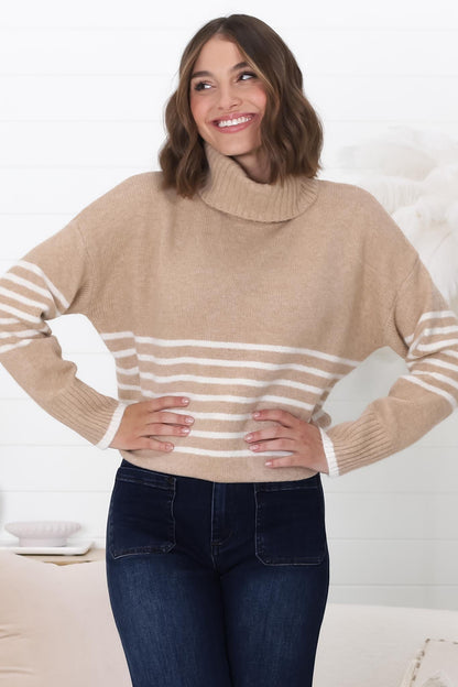 Emmett Jumper - Turtle Neck Stripe Pull Over Jumper with Stripes in Camel