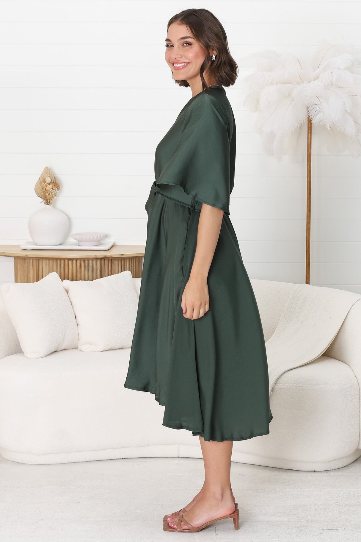 Satina Midi Dress - A Line Dress with Bell Sleeves in Emerald