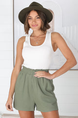 Reggie Shorts - Paperbag Elasticated High Waist Shorts with Pockets in Khaki