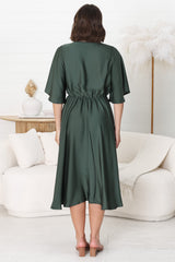 Satina Midi Dress - A Line Dress with Bell Sleeves in Emerald