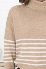 Emmett Jumper - Turtle Neck Stripe Pull Over Jumper with Stripes in Camel