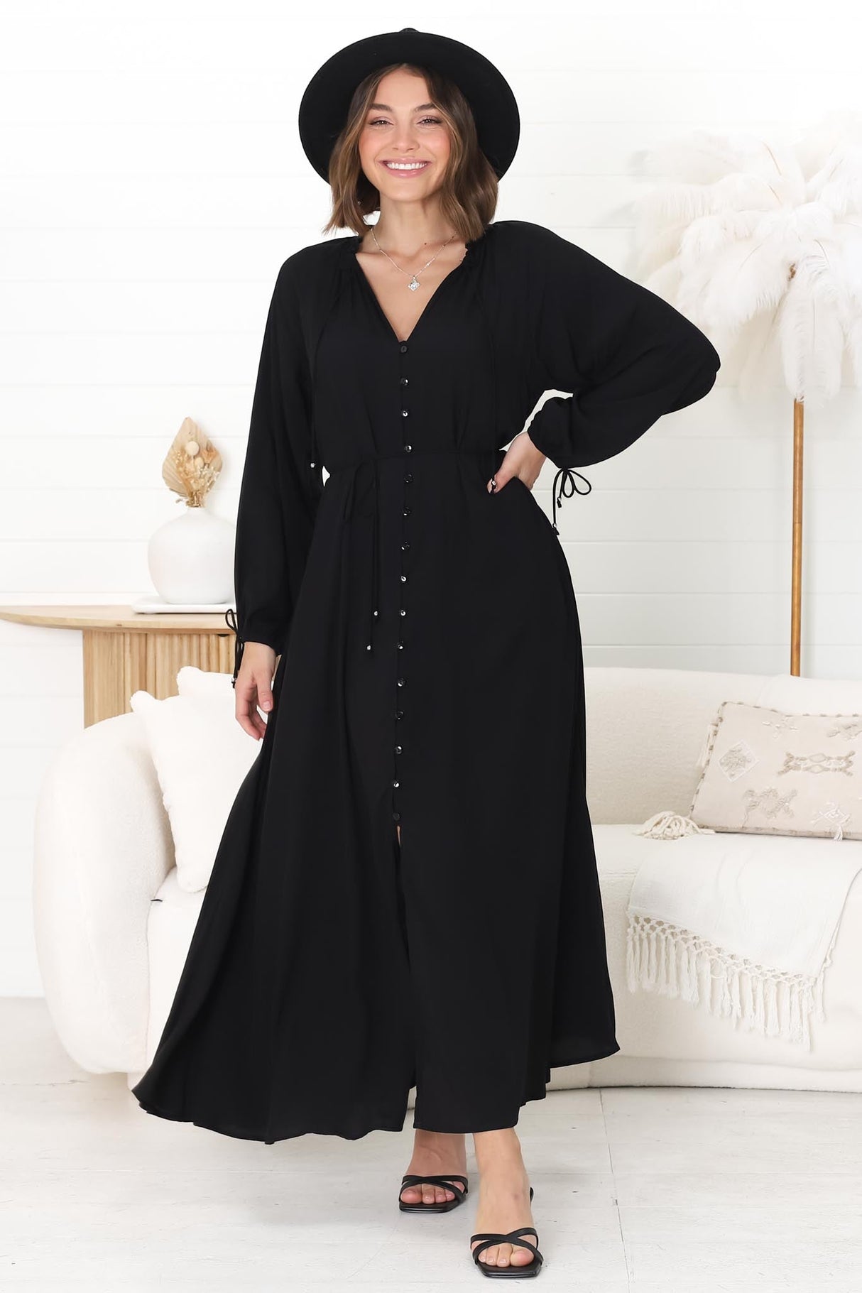 Amelie Maxi Dress - Frill Collar Button Through Dress with Waist Tie in Black