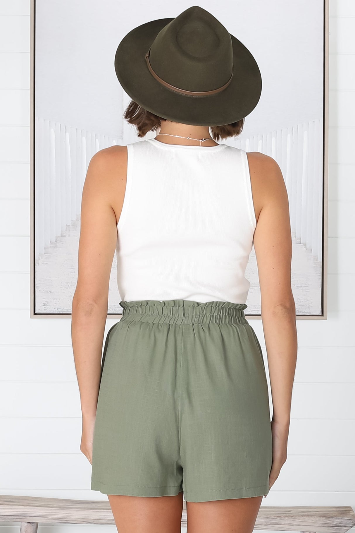 Reggie Shorts - Paperbag Elasticated High Waist Shorts with Pockets in Khaki