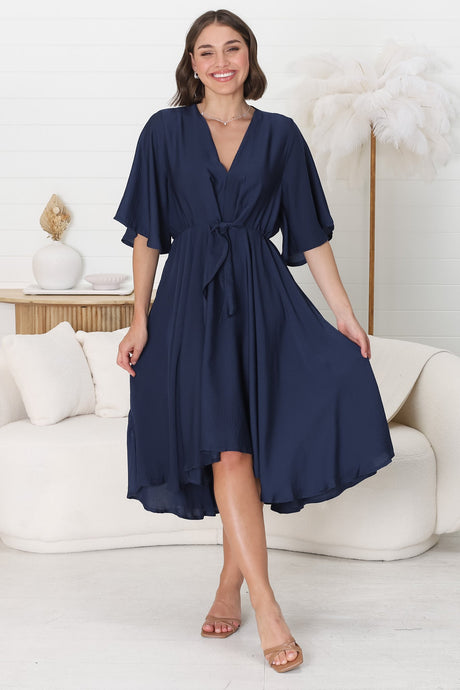 Satina Midi Dress - A Line Dress with Bell Sleeves in Navy