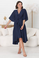 Satina Midi Dress - A Line Dress with Bell Sleeves in Navy