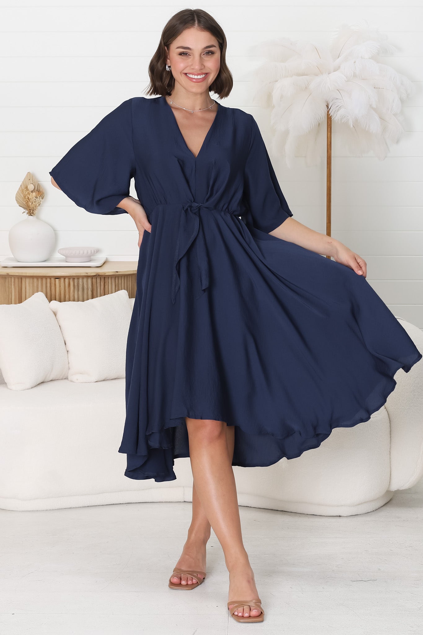 Satina Midi Dress - A Line Dress with Bell Sleeves in Navy
