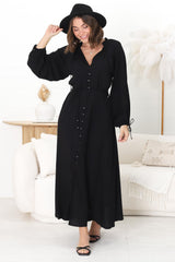 Amelie Maxi Dress - Frill Collar Button Through Dress with Waist Tie in Black