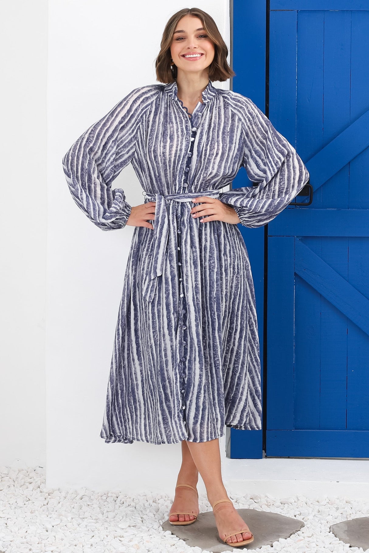 Edda Midi Dress - Mandarin Collar Button Down Dress in Lisbon Print