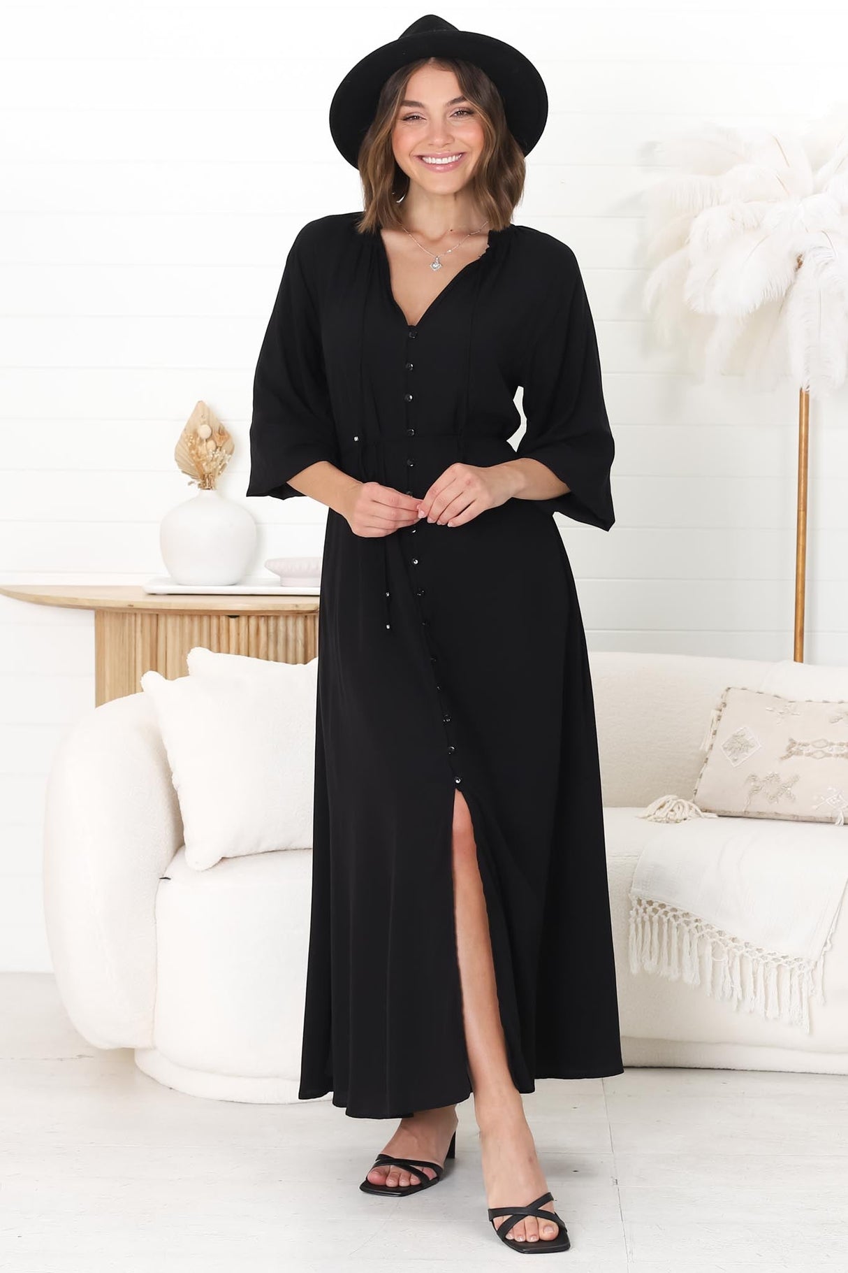 Amelie Maxi Dress - Frill Collar Button Through Dress with Waist Tie in Black