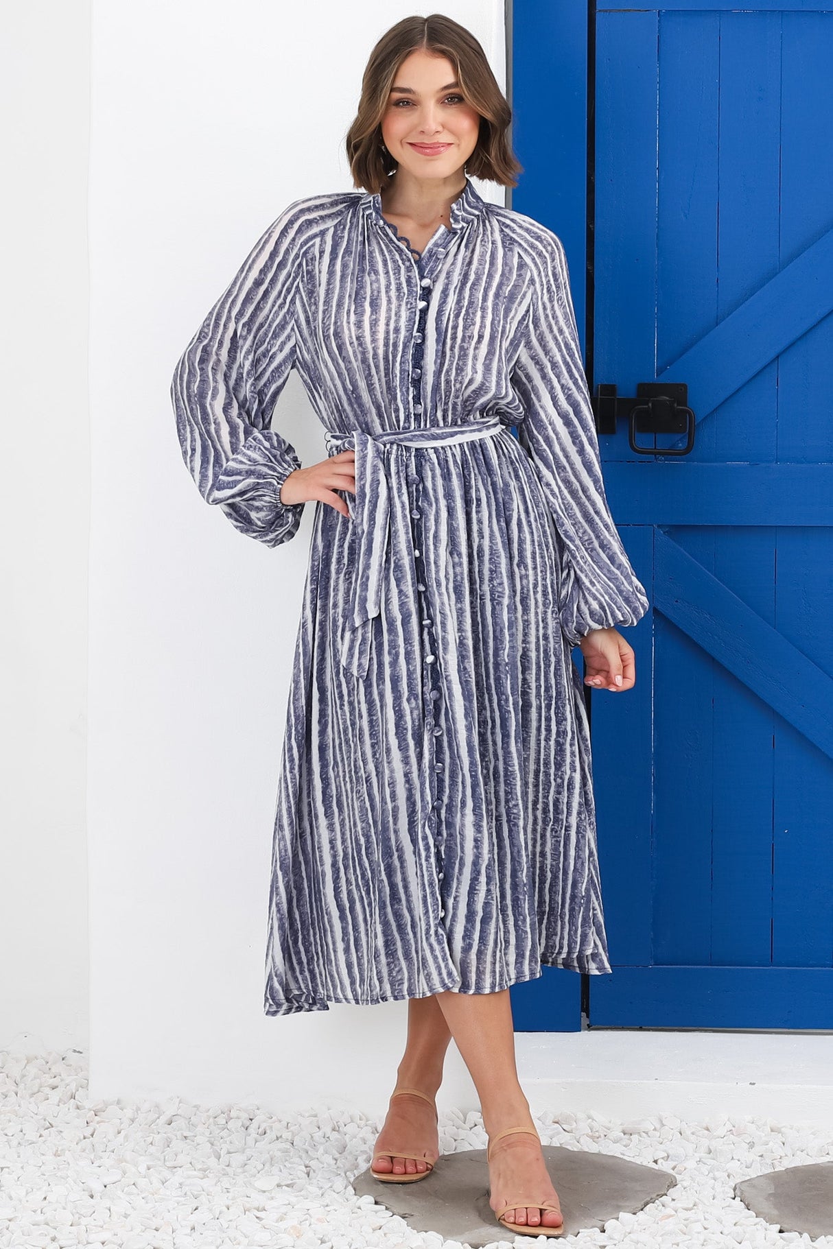 Edda Midi Dress - Mandarin Collar Button Down Dress in Lisbon Print