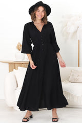 Amelie Maxi Dress - Frill Collar Button Through Dress with Waist Tie in Black