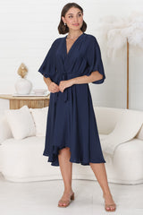 Satina Midi Dress - A Line Dress with Bell Sleeves in Navy