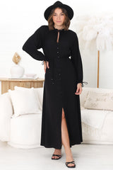 Amelie Maxi Dress - Frill Collar Button Through Dress with Waist Tie in Black