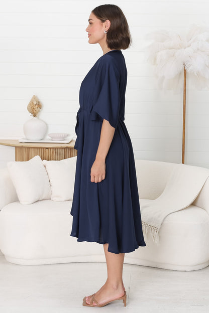 Satina Midi Dress - A Line Dress with Bell Sleeves in Navy