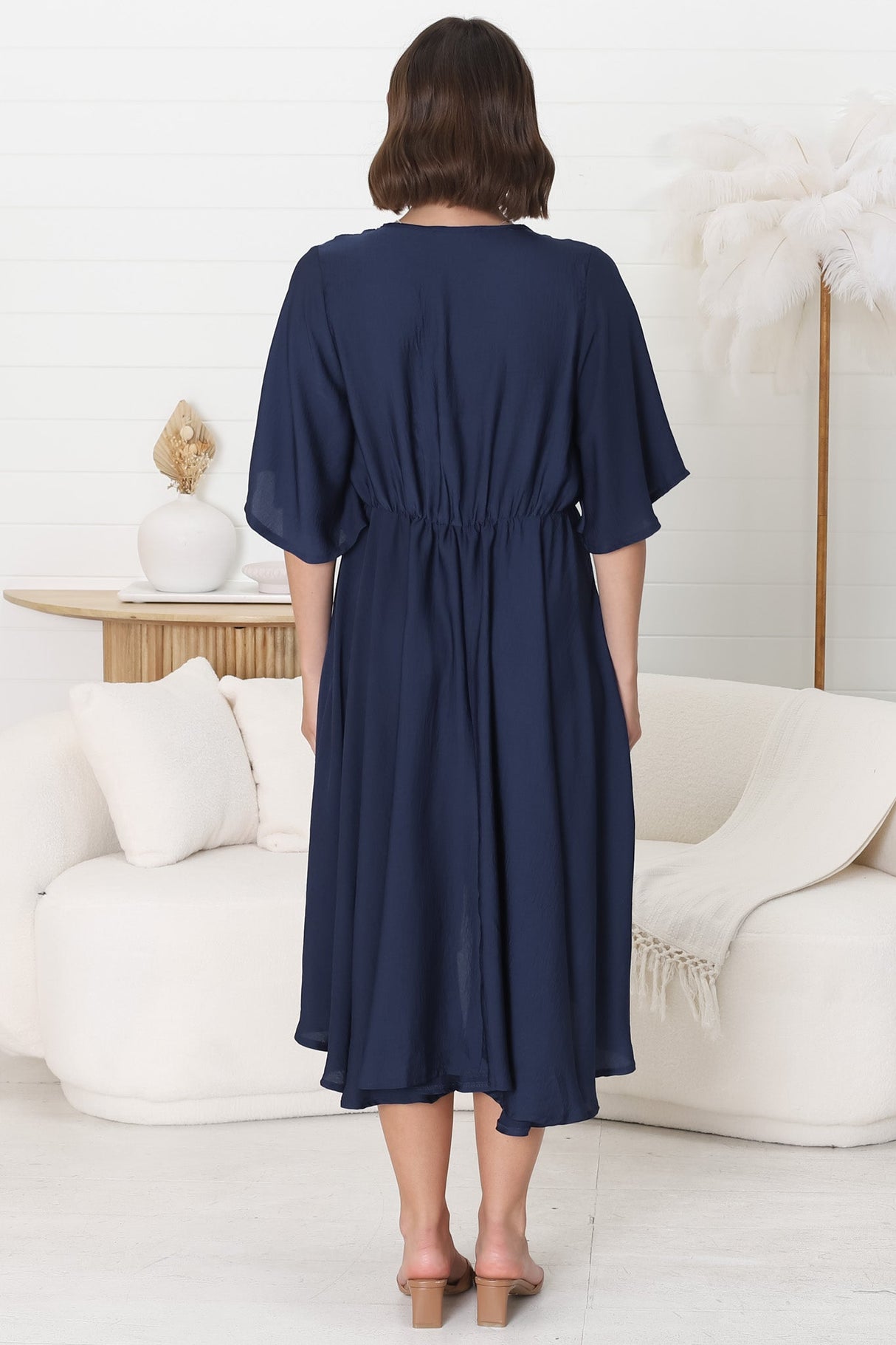 Satina Midi Dress - A Line Dress with Bell Sleeves in Navy