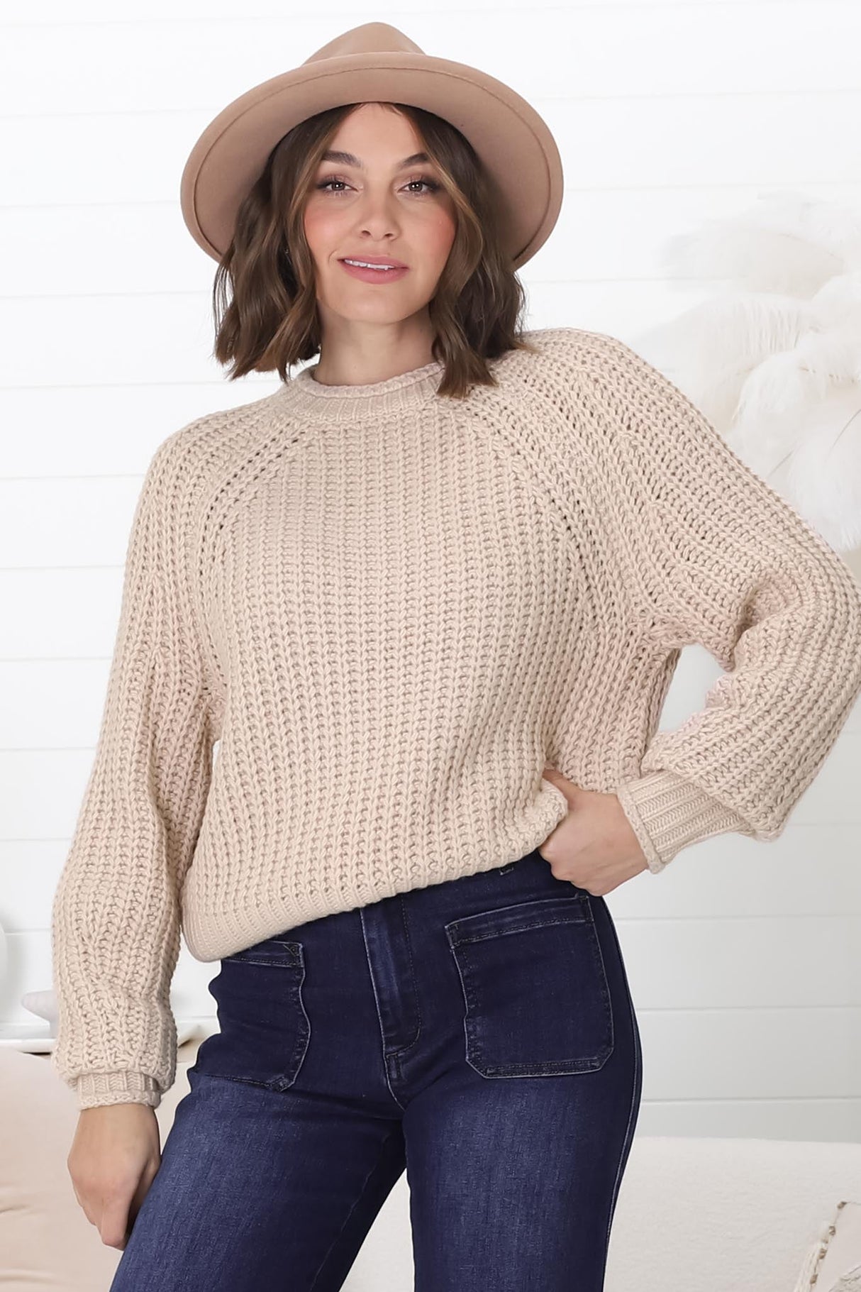 Burton Jumper - Crew Neck Chunky Knit Jumper in Beige