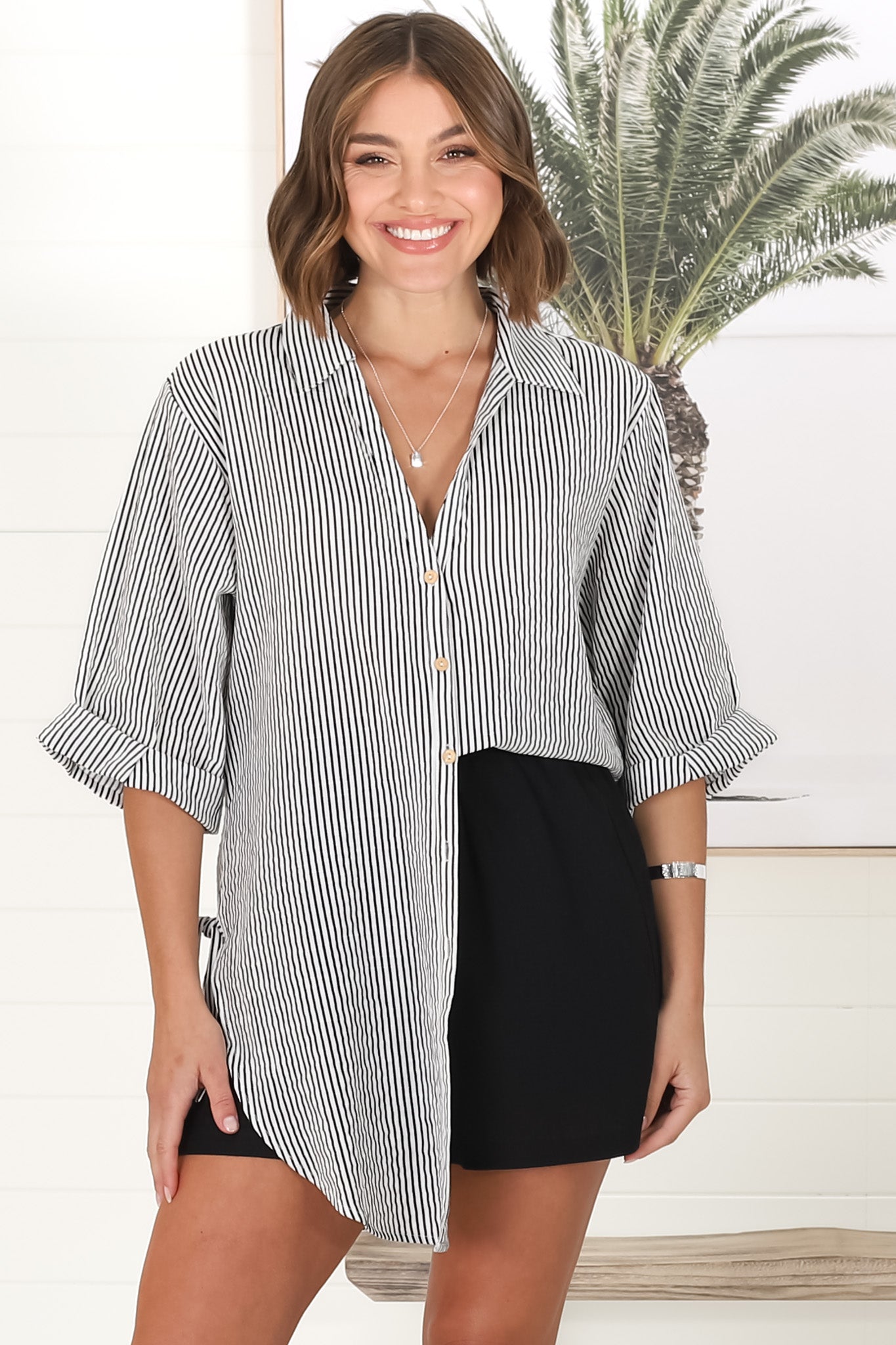 Beachly Stripe Shirt - Pin Stripe Relaxed Button Down Shirt in Black