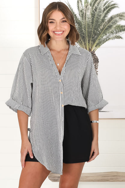 Beachly Stripe Shirt - Pin Stripe Relaxed Button Down Shirt in Black