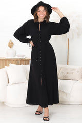 Amelie Maxi Dress - Frill Collar Button Through Dress with Waist Tie in Black