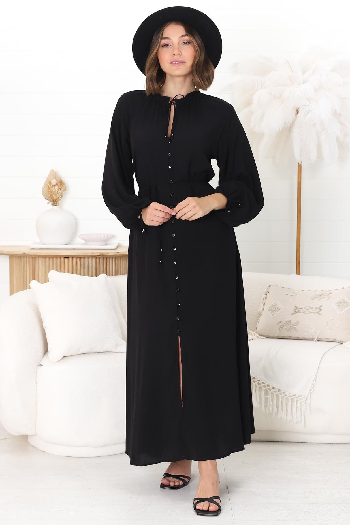 Amelie Maxi Dress - Frill Collar Button Through Dress with Waist Tie in Black