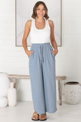 Levelle Pants - Linen Blend Paper Bag Waist with Drawstring Wide Leg Pants with Pockets in Cloudy Blue