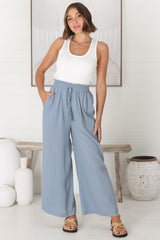 Levelle Pants - Linen Blend Paper Bag Waist with Drawstring Wide Leg Pants with Pockets in Cloudy Blue