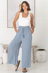 Levelle Pants - Linen Blend Paper Bag Waist with Drawstring Wide Leg Pants with Pockets in Cloudy Blue