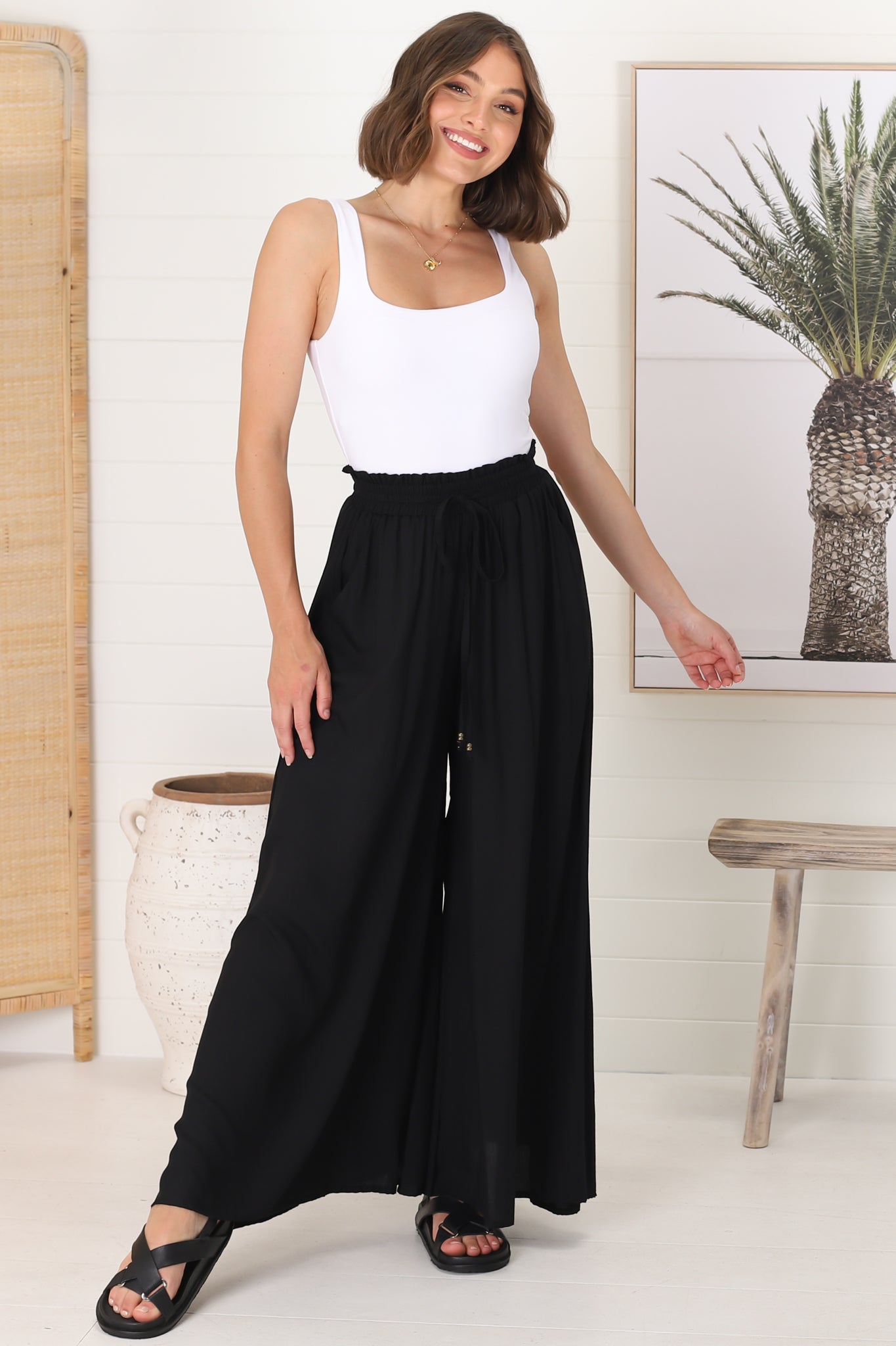 Charli Pants - Paper Bag High Waisted Wide Leg Pants in Black