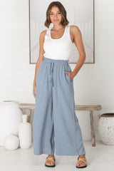 Levelle Pants - Linen Blend Paper Bag Waist with Drawstring Wide Leg Pants with Pockets in Cloudy Blue