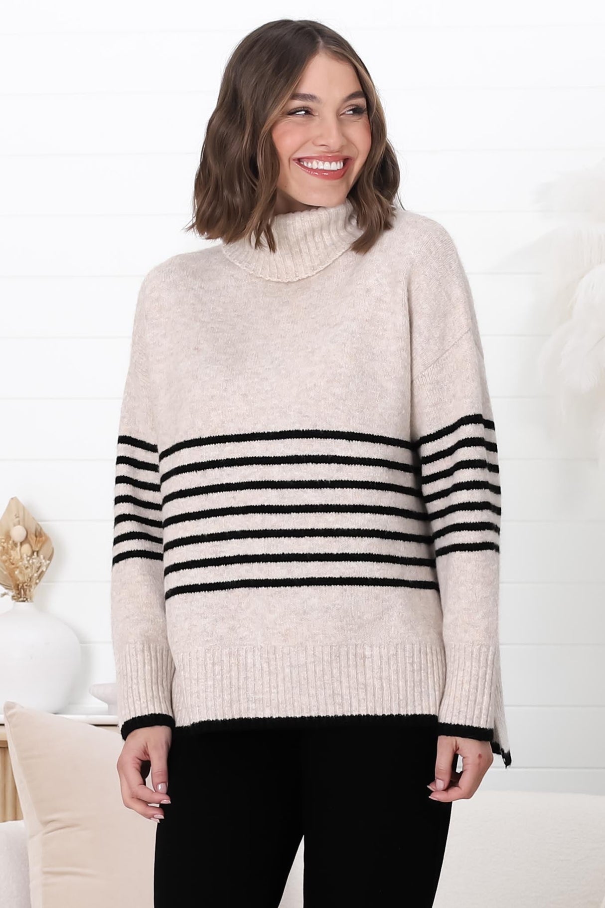 Emmett Jumper - Turtle Neck Stripe Pull Over Jumper with Stripes in Oat Marle