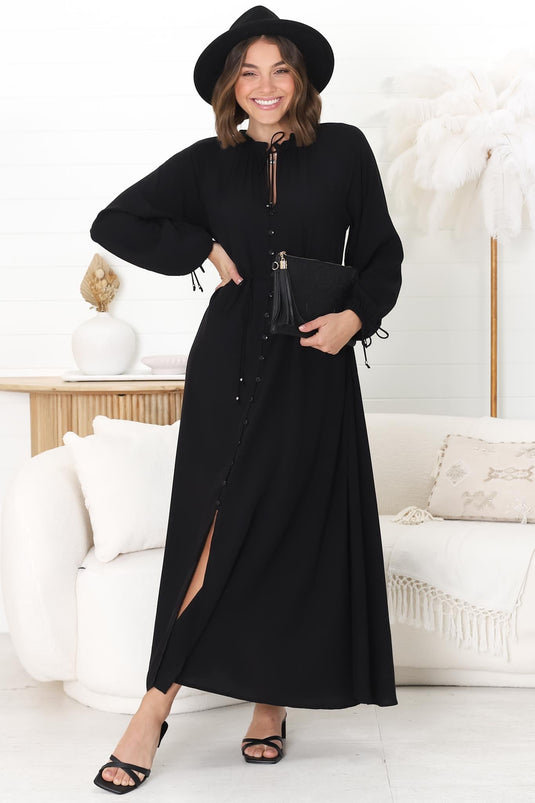 Amelie Maxi Dress - Frill Collar Button Through Dress with Waist Tie in Black