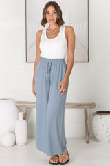 Levelle Pants - Linen Blend Paper Bag Waist with Drawstring Wide Leg Pants with Pockets in Cloudy Blue