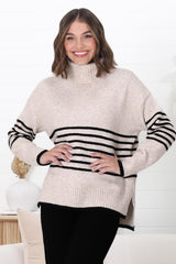 Emmett Jumper - Turtle Neck Stripe Pull Over Jumper with Stripes in Oat Marle