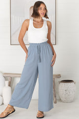 Levelle Pants - Linen Blend Paper Bag Waist with Drawstring Wide Leg Pants with Pockets in Cloudy Blue