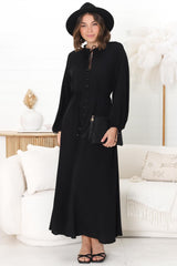 Amelie Maxi Dress - Frill Collar Button Through Dress with Waist Tie in Black