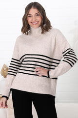 Emmett Jumper - Turtle Neck Stripe Pull Over Jumper with Stripes in Oat Marle