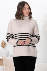 Emmett Jumper - Turtle Neck Stripe Pull Over Jumper with Stripes in Oat Marle