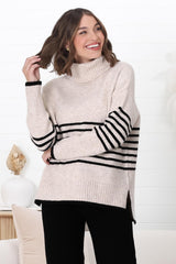 Emmett Jumper - Turtle Neck Stripe Pull Over Jumper with Stripes in Oat Marle