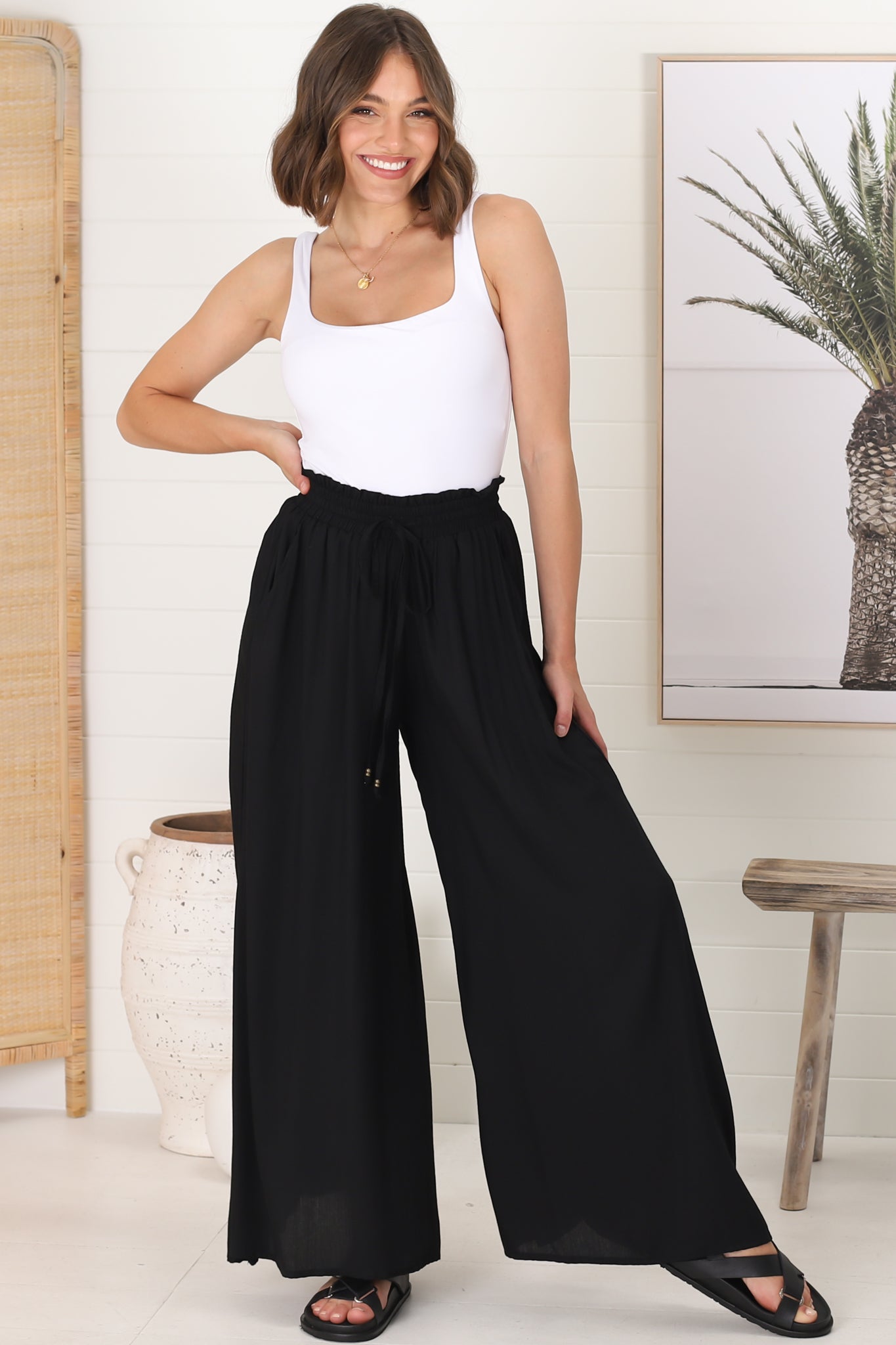 Charli Pants - Paper Bag High Waisted Wide Leg Pants in Black