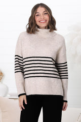 Emmett Jumper - Turtle Neck Stripe Pull Over Jumper with Stripes in Oat Marle