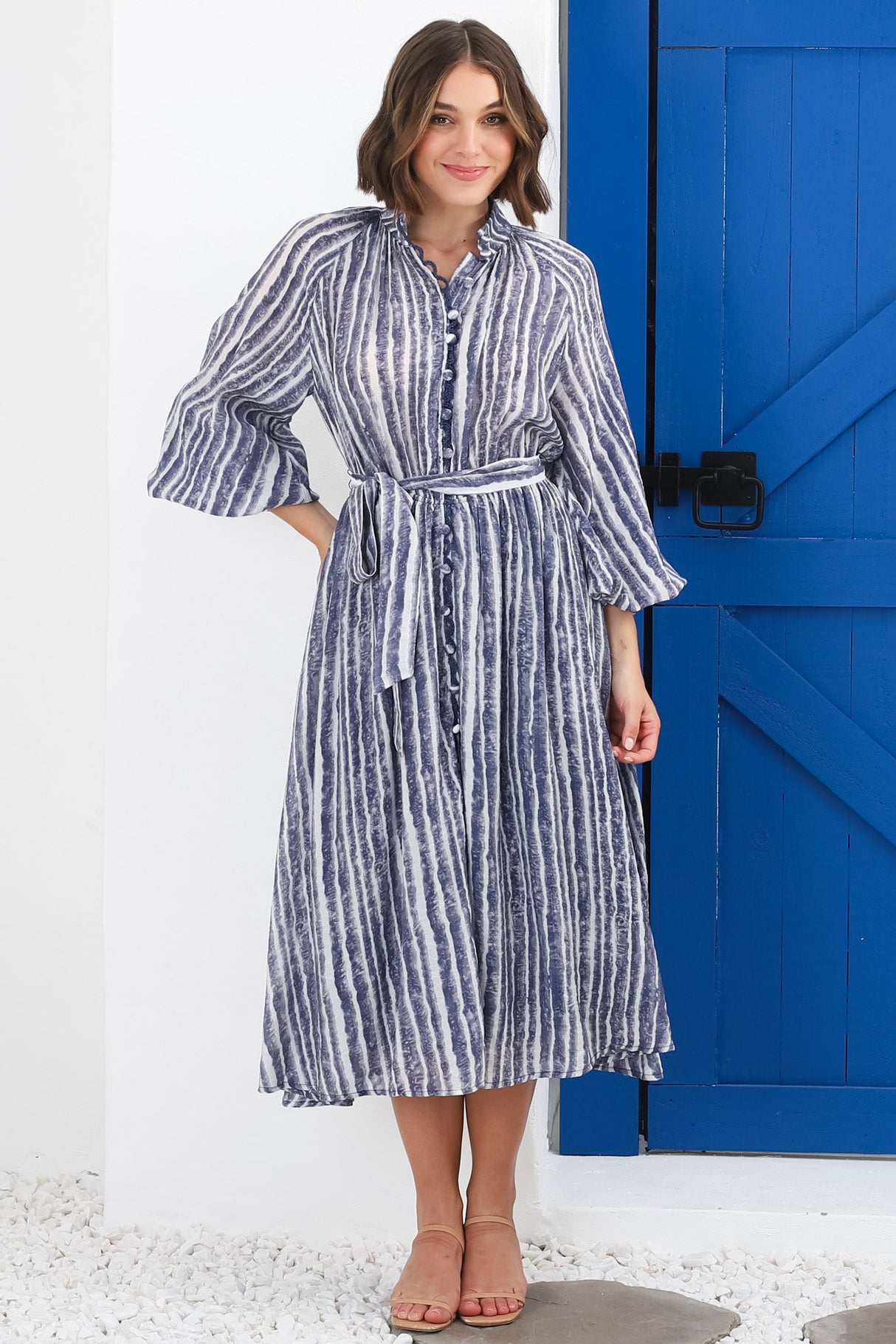 Edda Midi Dress - Mandarin Collar Button Down Dress in Lisbon Print