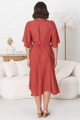 Satina Midi Dress - A Line Dress with Bell Sleeves in Rust