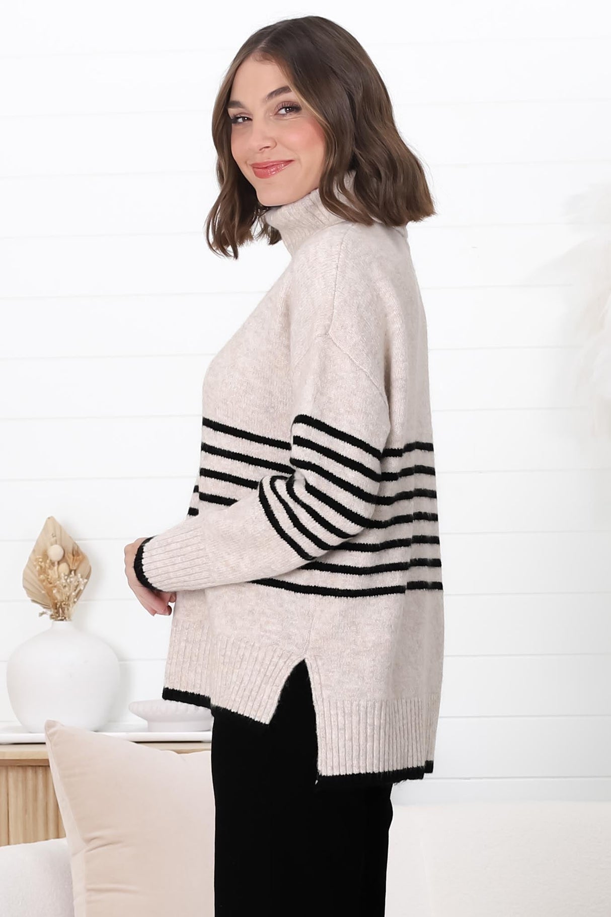 Emmett Jumper - Turtle Neck Stripe Pull Over Jumper with Stripes in Oat Marle